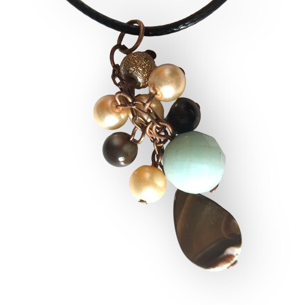 Mixed materials (stone, faux pearl) dangle pendant black cord necklace